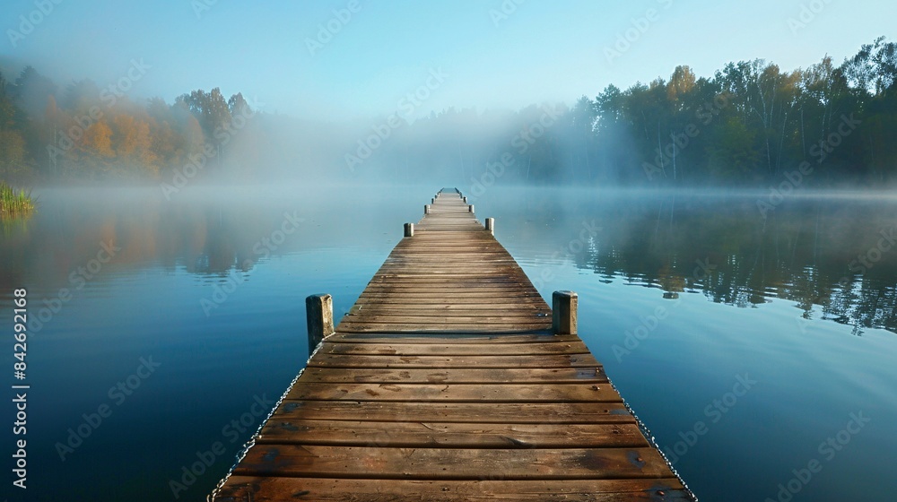 A wooden dock stretching out over a tranquil lake, with mist rising off the water in the early morning light, Generative AI A wooden dock stretching out over a tranquil lake, with mist rising off the water in the early morning light, Generative AI