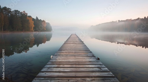 A wooden dock stretching out over a tranquil lake, with mist rising off the water in the early morning light, Generative AI