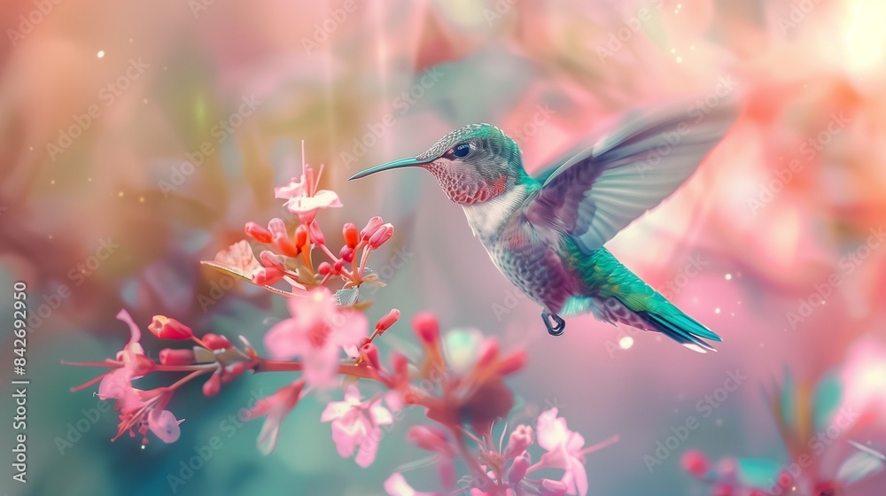 A vibrant hummingbird hovering near a flower. A vibrant hummingbird hovering near a flower.