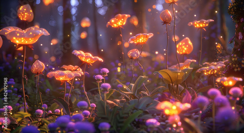 A magical forest with glowing flowers and plants