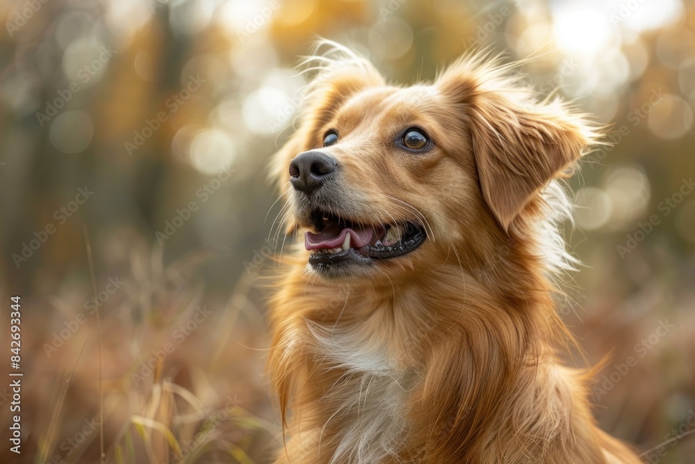 Obraz premium Golden dog with fluffy coat looking up