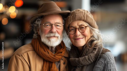 retired elderly happy couple with a smile, The man is wearing a brown hat, glasses, and a brown scarf with a beige coat, while the woman is wearing a knitted beige hat, glasses, and a thick scarf