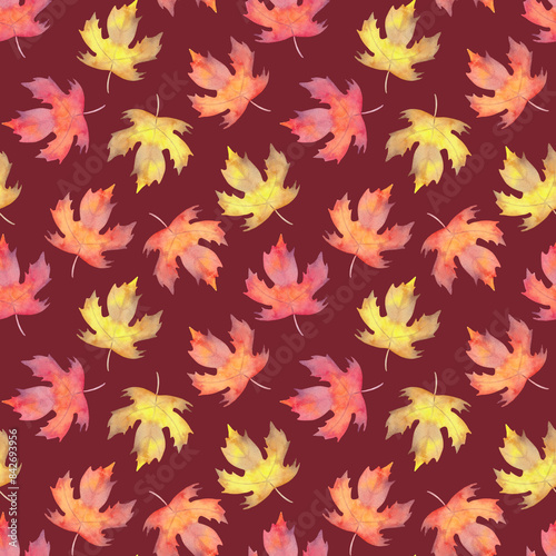 Seamless maple leaf pattern. Watercolor illustration. Hand drawn burgundy seasonal holiday celebration background. Thanksgiving, Halloween. Suitable for gift paper, wallpaper, autumn fabric, textile