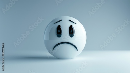 A white sphere with a sad face, representing negative emotions and feelings of sadness. photo