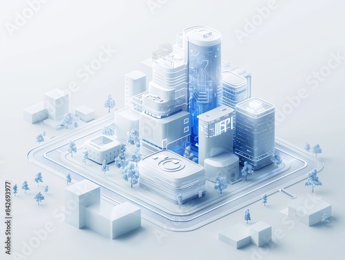 Future industrial city, with urban building roads as the main body, interleaved with blue buildings, a few houses, surrounded by white space, futuristic sense, technology, 3D white model, studio light