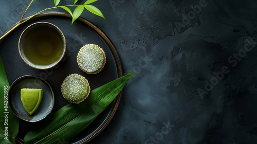 Warabi rice cake and green teaTraditional Japanese dessertbirdseye view : Generative AI photo