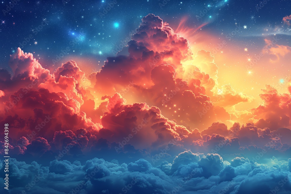 Naklejka premium A watercolor painting of a stunning night sky with clouds illuminated by a vibrant sunset