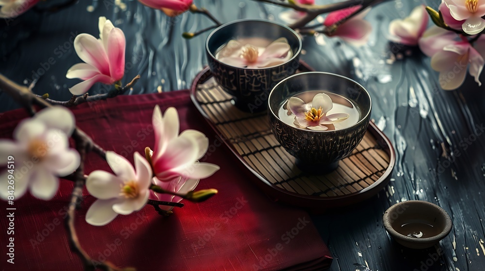 Japanese sake composition with Asian soup with rice noodles Asian meal ceremony with magnolia flowers : Generative AI Japanese sake composition with Asian soup with rice noodles Asian meal ceremony with magnolia flowers : Generative AI