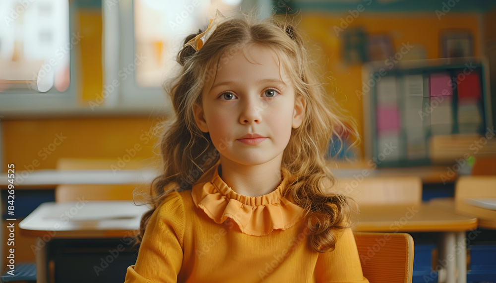 Schoolgirl sitting in classroom during lesson in elementary school. High quality photo Schoolgirl sitting in classroom during lesson in elementary school. High quality photo