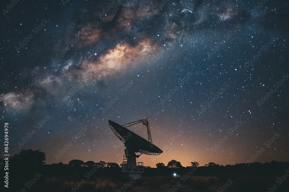 wide-angle shot of a huge radio telescope antenna aimed at the starry night sky wide-angle shot of a huge radio telescope antenna aimed at the starry night sky