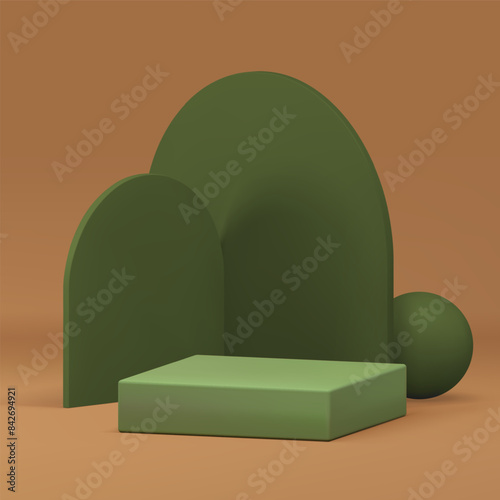 3d green squared podium pedestal with curved wall background realistic vector illustration