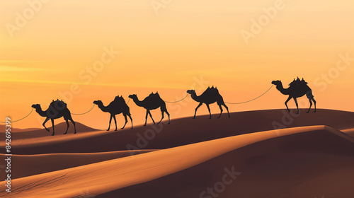 Silhouette of Camels Walking In Desert 