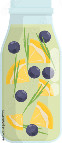 Glass jar filled with detox water containing sliced lemon, blueberries and rosemary sprigs on white background