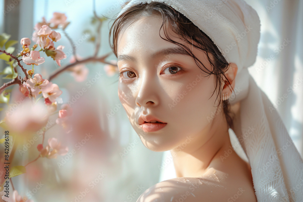 a woman with a towel on her head a woman with a towel on her head