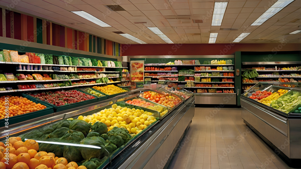 a supermarket's fresh produce section, with a wide variety of fruits and vegetables displayed in colorful, appealing arrangements, and customers selecting items with care