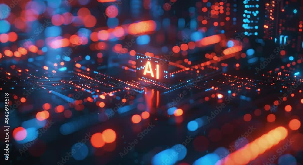 AI chipset glowing on a blue circuit board, tech background. AI banner with technology and data science concept. Futuristic artificial intelligence chip on electronic board AI chipset glowing on a blue circuit board, tech background. AI banner with technology and data science concept. Futuristic artificial intelligence chip on electronic board