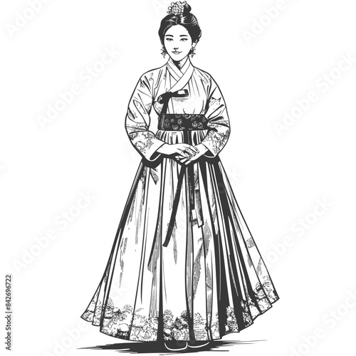Hanbok Sketch: Elegant Korean Woman in Traditional Dress, Ink Illustration.