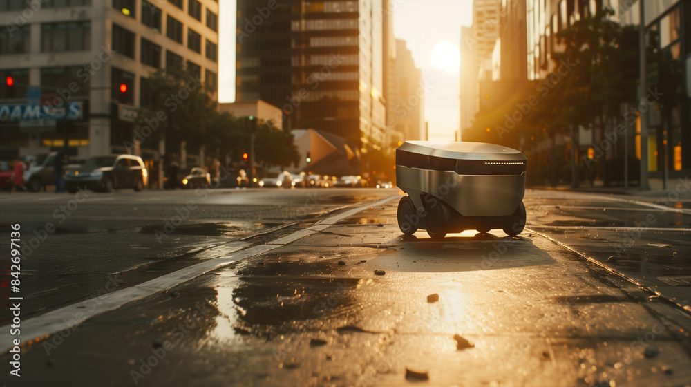 Obraz premium Efficient Urban Logistics: AI-Powered Autonomous Delivery Robot Navigating City Streets