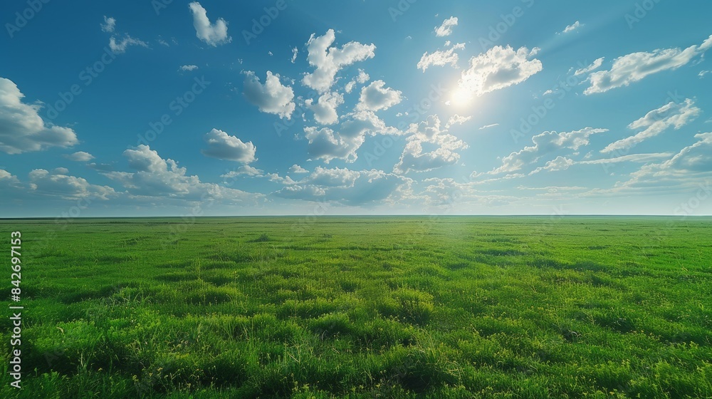 Obraz premium drone view beautiful green grass savana wide, bright sky with clouds blue, day light hyper realistic, extreme top angle 