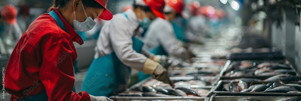 Obraz premium Workers clad in protective gear sort fish on a metal table, ensuring quality control in a food processing plant