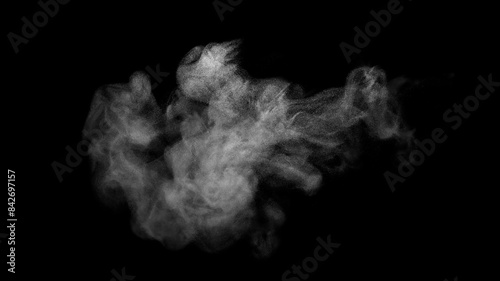 Collection of close-up shots of abstract white steam or smoke. White cloudiness from moisture spray Isolated on a black background.