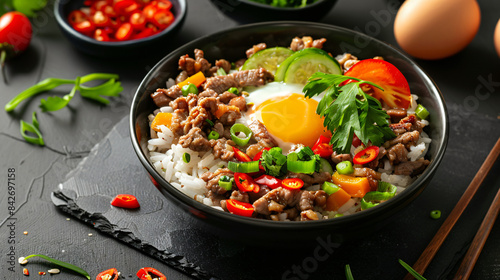 Tasty rice with meat egg and vegetables in bowl top view