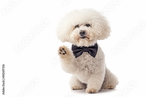 Bichon Frise with a Bow Tie and a Sassy Pose: A Bichon Frise wearing a stylish bow tie, striking a sassy pose with a lifted paw, showcasing its confident and playful demeanor