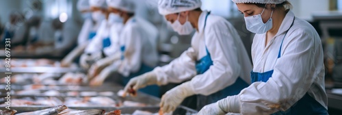 A team of workers in hygienic clothing are busy processing seafood on a production line in an industrial setting