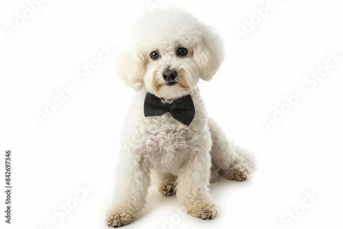 Bichon Frise with a Bow Tie and a Sassy Pose: A Bichon Frise wearing a stylish bow tie, striking a sassy pose with a lifted paw, showcasing its confident and playful demeanor