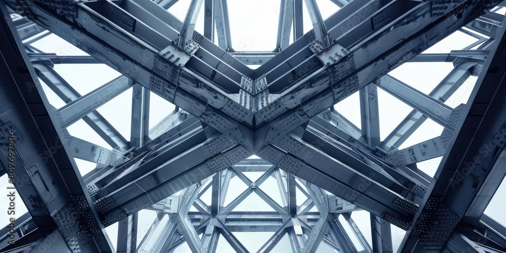 Abstract view of industrial steel framework captured from below, showcasing intricate structural design and engineering. The metallic beams intersect and form a complex geometric pattern Abstract view of industrial steel framework captured from below, showcasing intricate structural design and engineering. The metallic beams intersect and form a complex geometric pattern