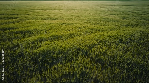 zoomed out aerial view of big grassy field, sunny day 