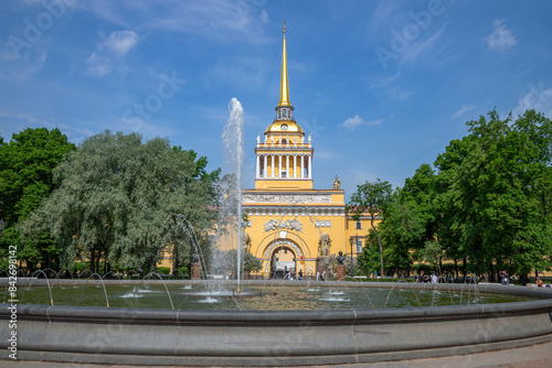 Fountain on the background of the old building of the Main Admiralty. Saint Petersburg photo