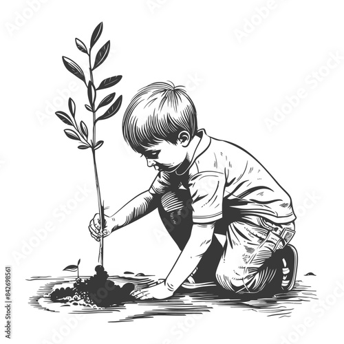 Etched Boy Planting Sapling: Hopeful Future, Generational Growth.