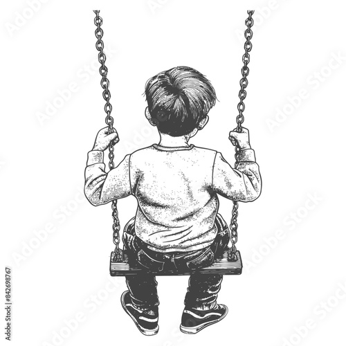 Pensive Boy on Swing: Back View, Charcoal Sketch, Childhood Solitude.