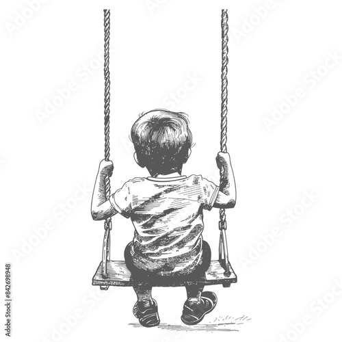 Lonely Boy: Sketch of Child on Swing, Back View, Nostalgia, White Background