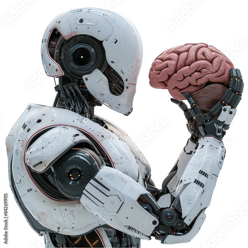 robot holding a brain in its hand, transparent background png photo