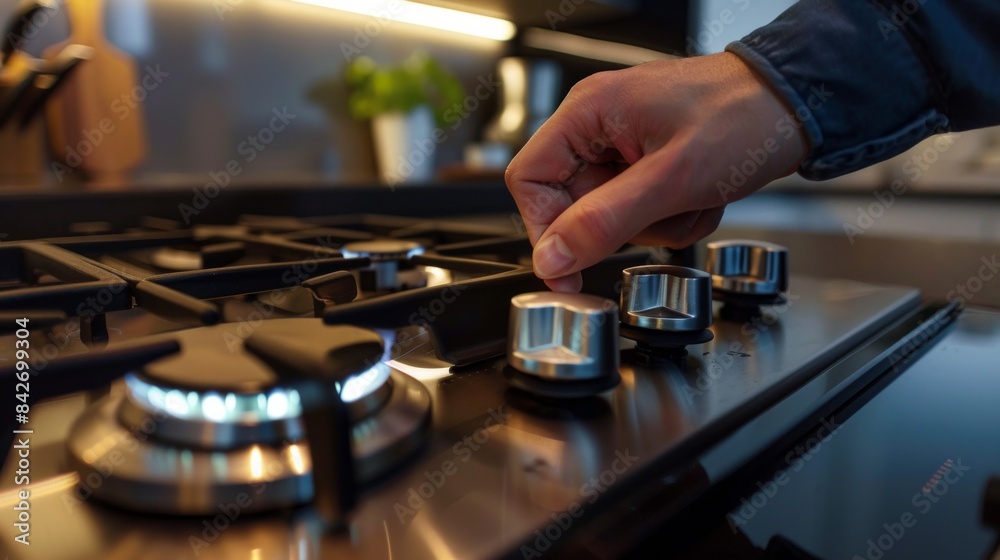 Worker repairing Modern hob gas stove countertop in big kitchen. Worker repairing Modern hob gas stove countertop in big kitchen.