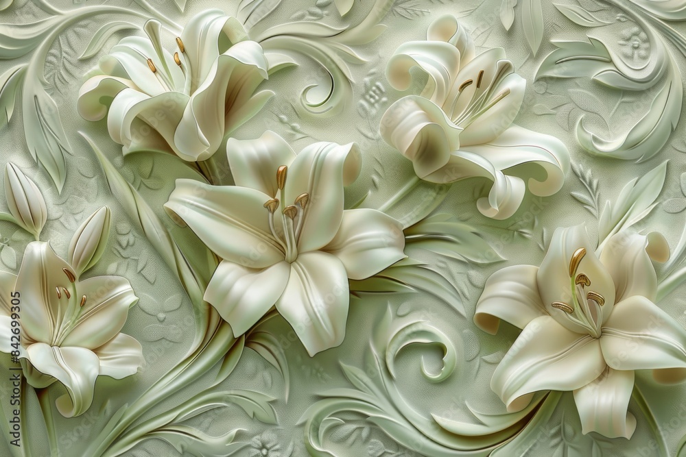 White carved flowers lilies art nouveau, in full bloom on a light green background, design Digital Paper background White carved flowers lilies art nouveau, in full bloom on a light green background, design Digital Paper background