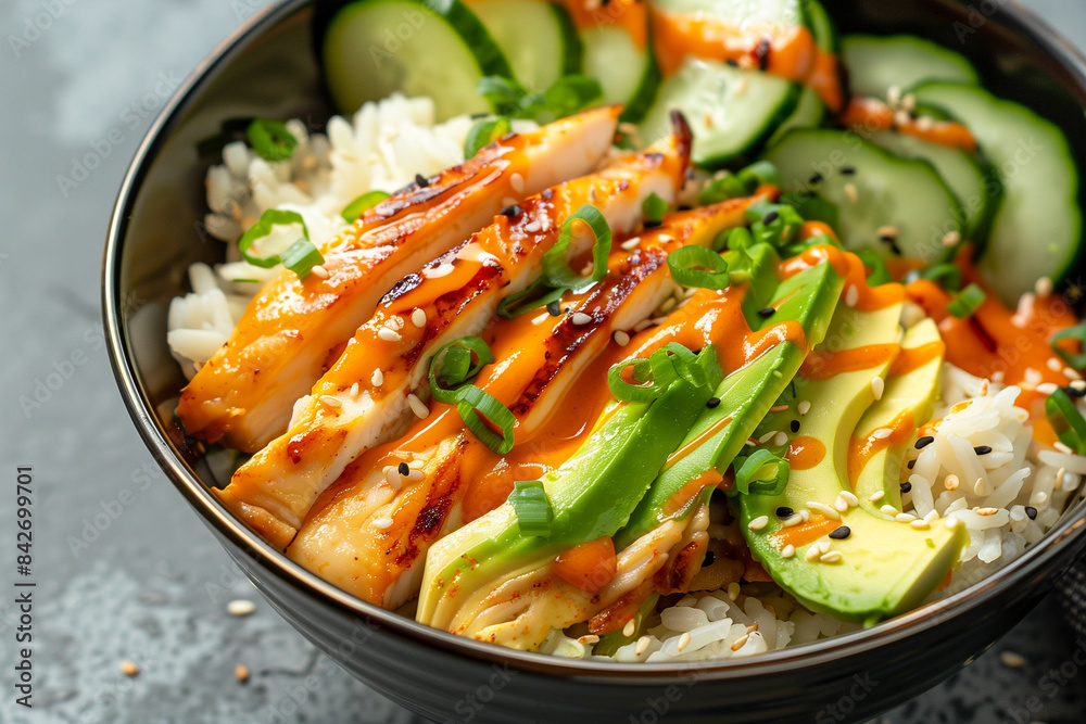 Grilled teriyaki chicken with rice and avocado. Japanese food Grilled teriyaki chicken with rice and avocado. Japanese food