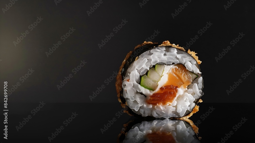 Maki Sushi Roll made of Smoked Eel Cream Cheese and Deep Fried Vegetables inside Fresh Salmon outside : Generative AI Maki Sushi Roll made of Smoked Eel Cream Cheese and Deep Fried Vegetables inside Fresh Salmon outside : Generative AI
