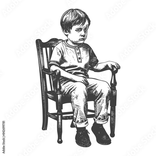 Pouting Boy in Armchair: Vintage Style Engraving, Melancholy Child Portrait.