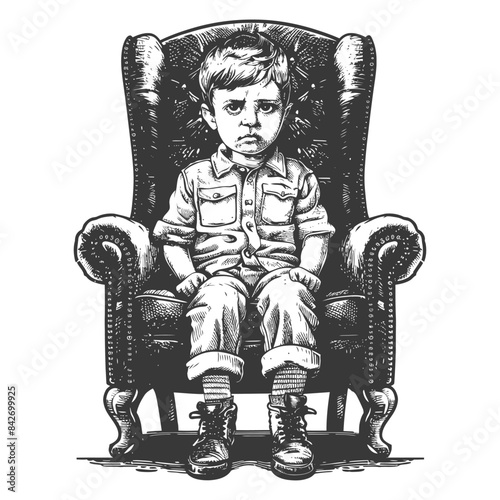 Brooding Boy in Oversized Chair: Vintage Engraving Style Portrait
