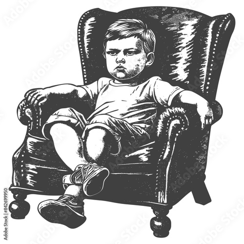 Grumpy Boy King: Crosshatched Illustration of a Pouting Child in a Leather Armchair
