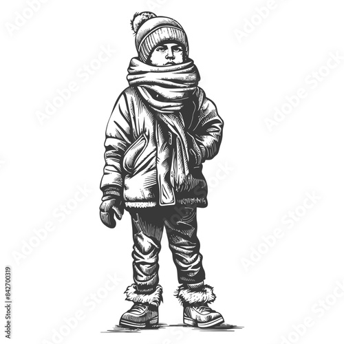 Winter Child: Monochrome Sketch of a Boy Bundled in Cold Weather Clothing