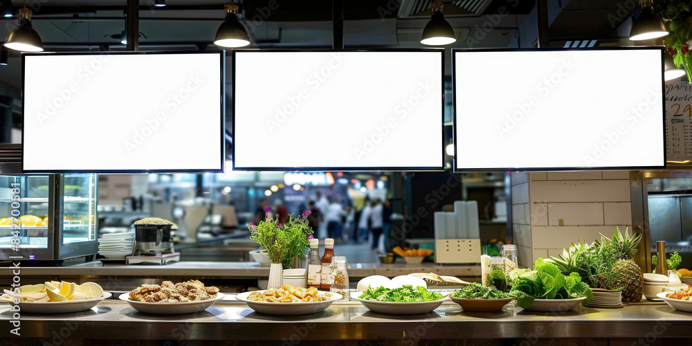 Restaurant counter with blank menu screens and fresh food display in a ...