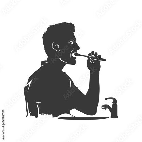 Monochrome Silhouette: Man Brushing Teeth at Sink, Daily Hygiene Routine.
