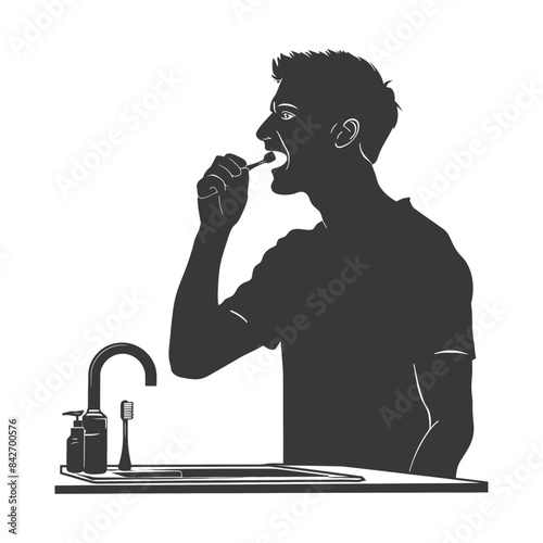 Silhouetted Man Brushing Teeth at Sink: Daily Oral Hygiene Routine.
