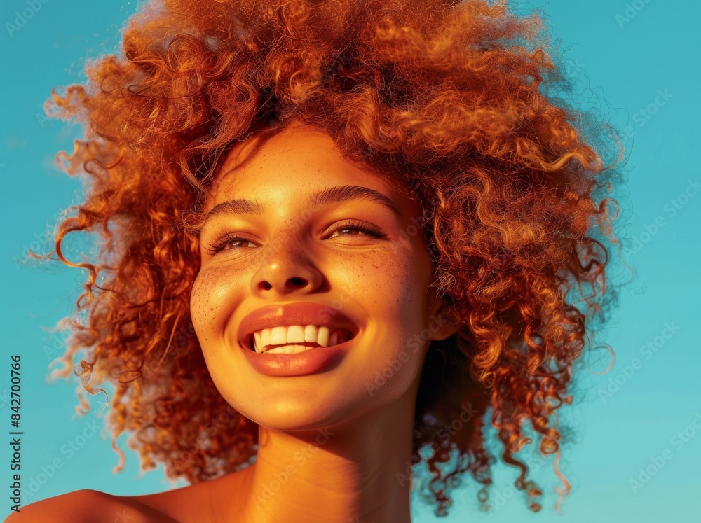 The photo shows a beautiful girl with pigtails laughing with an Afro hairstyle, aged eleven, with blue skies and white clouds in the background. The photo shows a beautiful girl with pigtails laughing with an Afro hairstyle, aged eleven, with blue skies and white clouds in the background.