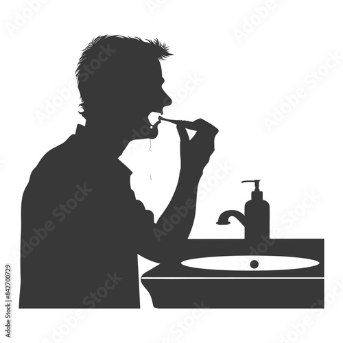 Silhouette of Man Brushing Teeth: Oral Hygiene, Sink & Soap.