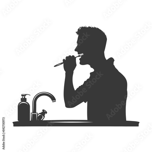 Silhouette: Man Brushing Teeth at Sink, Daily Hygiene Routine.